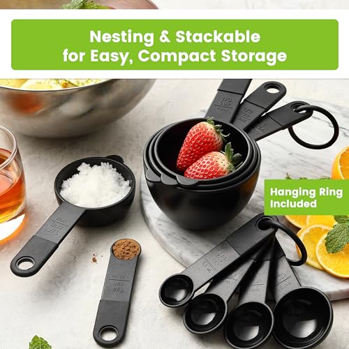 Spring Chef Magnetic Measuring Cups and Spoons Set of 9, Nesting Kitchen Tool with Easy to Read Markings for Measuring Dry or Liquid Ingredient, BPA Free, Black - color: Black