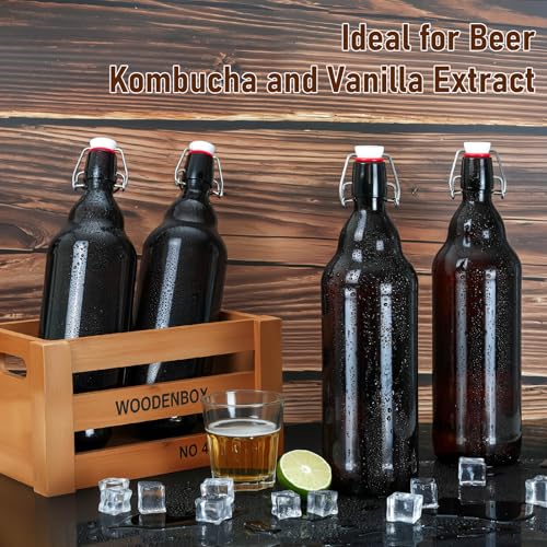 DESIYUE 32 oz Amber Swing Top Glass Bottles with Airtight Lids, Flip Top Beer Brewing Bottles for Fermentation, Home Brewing Kombucha, Mead, Vinegar, Beer, Kefir, Wine,Vanilla Extract, Juice(4 Pack)