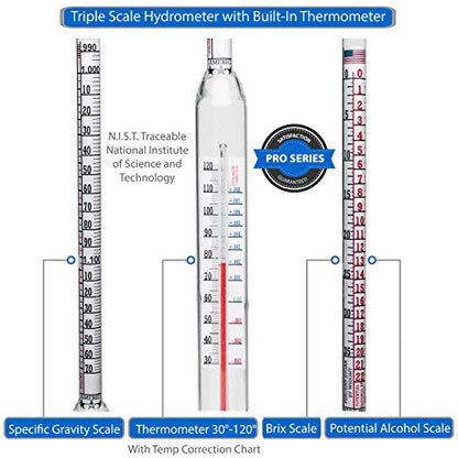 Thermo-Hydrometer Triple Scale Single: ABV Tester Professional NIST Traceable Hydrometer - Made in America - size: Single