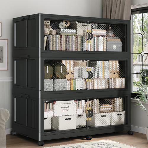 720QT Extra Large Stackable Storage Bins with Lid & Wheels & Doors, 180Gal Foldable Collapsible Closet Organizers, Plastic Cabinet Box Container Drawer for Home Kitchen Bedroom, 3Pack Black - color: Black, size: 240QT-3Pack