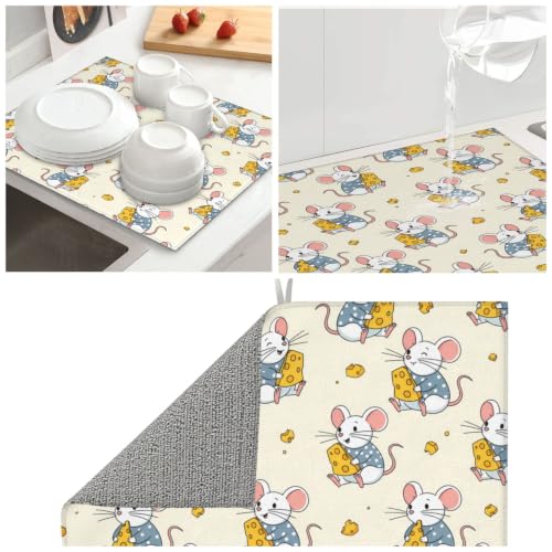 Cartoon Mice Yellow Cheese Dish Drying Mats for Kitchen Counter, Super Absorbent Microfiber Drainer Pad, Washable Reversible Appliance Protector, Everyday Kitchen Must-Have, 16x18 Inch - color: Cartoon Mice Yellow Cheese