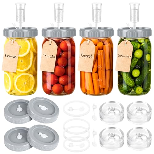 32oz Fermentation Jar Kit with Fermenting Weights and Airlock Lids, Wide Mouth Glass Jars with Scale Mark for Making and Storing Sauerkraut, Pickles (Pack of 4) - size: 32oz * 4pack