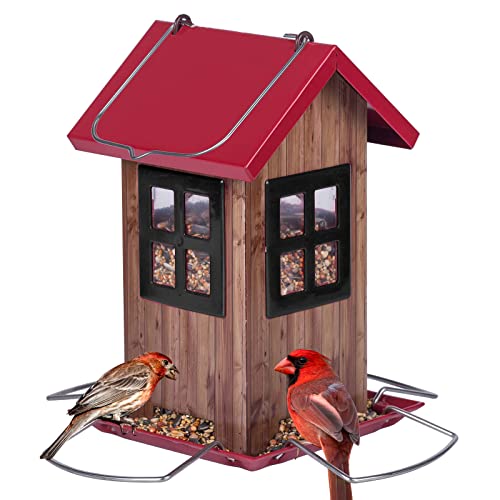 Kingsyard Cute Bird House Feeders for Outside, Hanging Metal Bird Feeder with 4 Ports, Outdoor Garden Yard Decorations for Cardinals Finches Chickadees Goldfinches & Sparrows Birds Watching - color: Red Roof & Black Window
