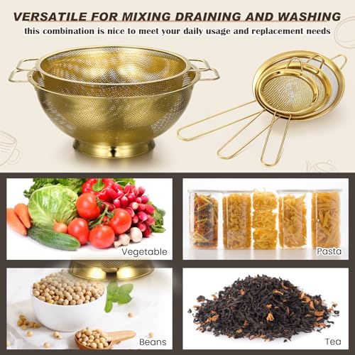 Baderke 5 Pcs Gold Strainers and Colanders Set Including 4/5 Quart Stainless Steel Colanders with Handles and 3 Pcs Fine Mesh Strainers for Kitchen Draining Rinsing Pasta Vegetables Rice