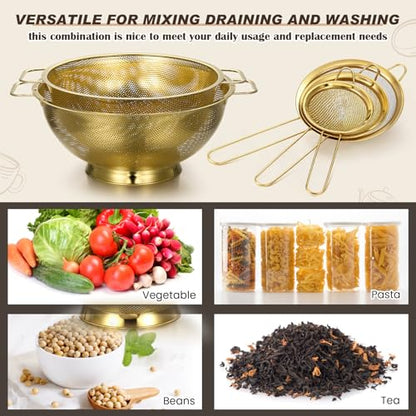 Baderke 5 Pcs Gold Strainers and Colanders Set Including 4/5 Quart Stainless Steel Colanders with Handles and 3 Pcs Fine Mesh Strainers for Kitchen Draining Rinsing Pasta Vegetables Rice