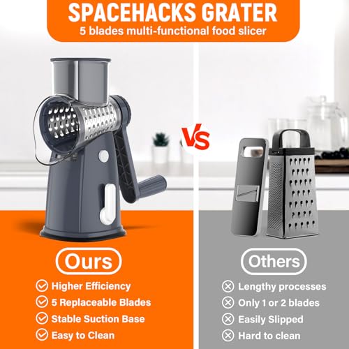 Rotary Cheese Grater Hand Crank with 5 Interchangeable Blades, Vegetable Slicer Chopper for Fruit Vegetable Nuts, Mandoline Slicer for Kitchen with Blades Rack & Suction Base, Grey - color: Gray