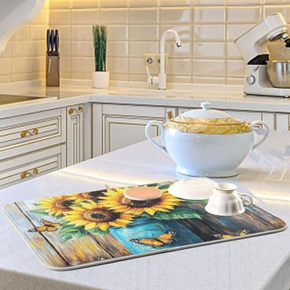 Monarch Sunflowers Jar Dish Drying Mat for Kitchen Counter Super Absorbent Draining Mat with Non-slip Backed Coffee Mat for Dish Bottles Cups Bowl Countertops Sinks Draining Racks