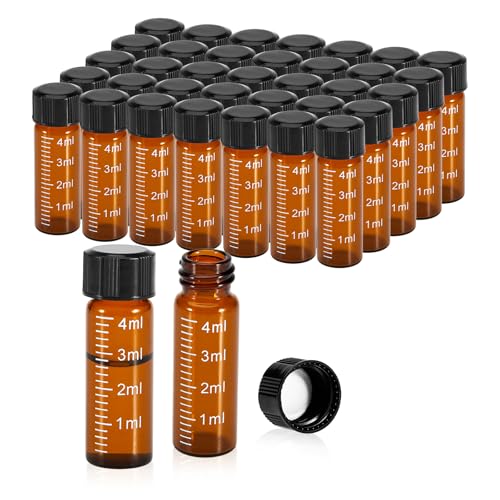 FOUR E'S SCIENTIFIC 100 Pack 4ml Glass Graduated Vials, 1 Dram Amber Small Sample Vials with Plastic Screw Caps Borosilicate Glass Sample Bottles for Liquid Powder Storage - color: Amber