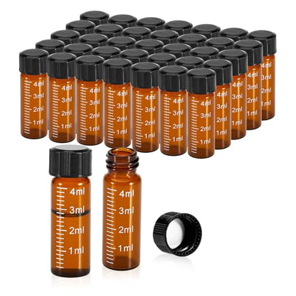 FOUR E'S SCIENTIFIC 100 Pack 4ml Glass Graduated Vials, 1 Dram Amber Small Sample Vials with Plastic Screw Caps Borosilicate Glass Sample Bottles for Liquid Powder Storage - color: Amber