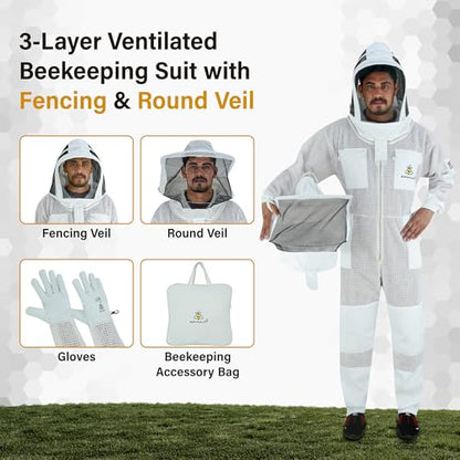 3-Layer Ultra Ventilated Mesh Beekeeping Suit for Men & Women with Veil Sting-Proof Bee Suit with Leather Gloves & Bag - color: White, size: Large