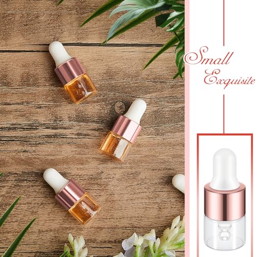 Didaey 200 Pcs 1/2/3/5/10/15 ml Mini Glass Oil Dropper Bottle Bulk, Clear Essential Small Empty Bottles Sample Containers Perfume Liquid Vials with Cap for Traveling (1 ml,Rose Gold) - color: Rose Gold, size: 1 ml
