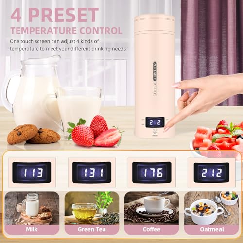 Travel Electric Kettle Portable Small Mini Tea Coffee Kettle Water Boiler, Water Heater with 4 Temperature Control,304 Stainless Steel with Auto Shut-Off & Boil Dry Protection, BPA-Free (Pink) - color: Pink
