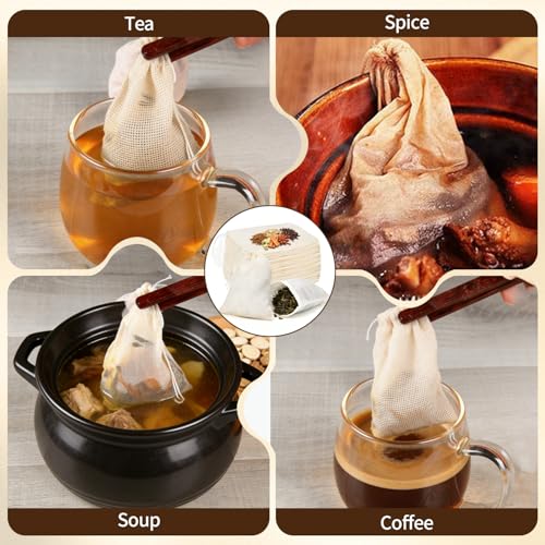 20 Pack Reusable Tea Bags, Natural Unbleached Muslin Bags with Drawstring, Spice Bags for Cooking, Loose Leaf Tea, Herbs & Coffee, Fine Mesh Filter Bags (3 x 4 in)