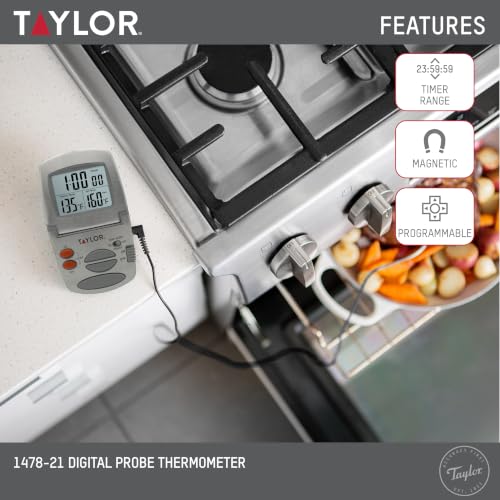 Taylor Programmable Instant-Read Wired Probe Digital Meat Thermometer, Stainless Steel for BBQ, Grill, Kitchen Cooking, Accurate Temperature Readings