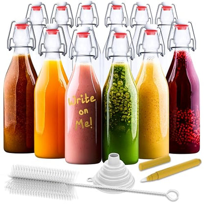 Nevlers 17 Oz Clear Round Swing Top Glass Bottles with Lids 12 Pack | Flip Top Glass Bottle with Stopper Kit for Kombucha or Vanilla Extract Bottles | Wine Bottle Set with Funnel, Brush & Marker - style: Round