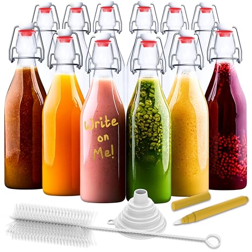Nevlers 17 Oz Clear Round Swing Top Glass Bottles with Lids 12 Pack | Flip Top Glass Bottle with Stopper Kit for Kombucha or Vanilla Extract Bottles | Wine Bottle Set with Funnel, Brush & Marker - style: Round