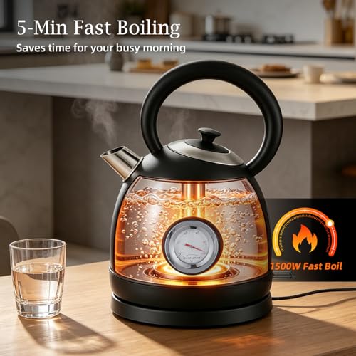 1.7L(57oz) Retro Electric Water Kettle, 1500W 304 Stainless Steel Temperature Control Tea Pot, Cordless LED, Built-in Thermometer, Auto Shut-Off & Boil Dry Protection - color: Black