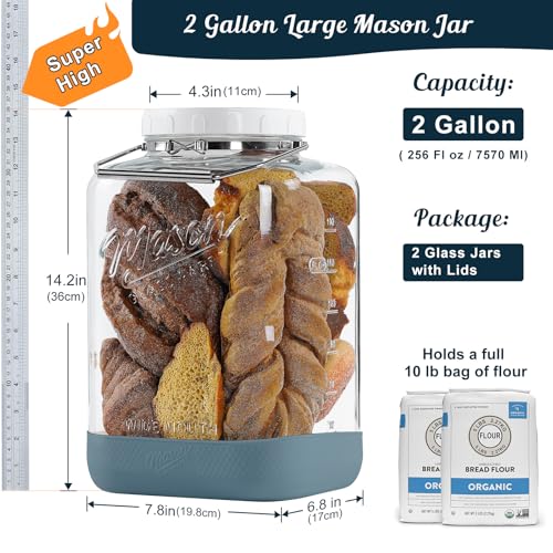 2 Pack 2 Gallon Glass Jar with Airtight Lid, 256 Oz Large Wide Mouth Mason Jar with Non-slip Base & Stainless Steel Handle - Glass Food Storage Containers for Flour, Cereals, Rice and Picking