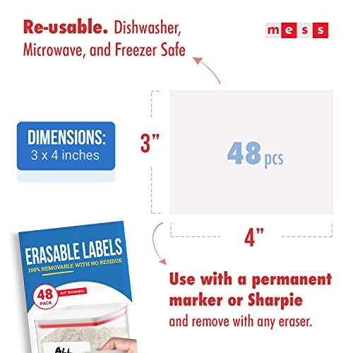 MESS Reusable Kitchen Labels - White Dry Erase, 3x4 in, 48-Pack - Erasable Organizing Stickers for Fridge & Freezer - size: 3x4", style: White