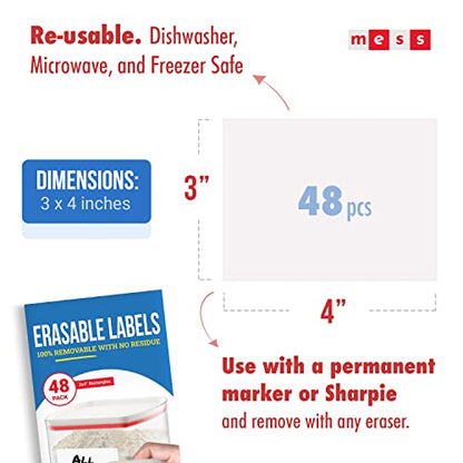 MESS Reusable Kitchen Labels - White Dry Erase, 3x4 in, 48-Pack - Erasable Organizing Stickers for Fridge & Freezer - size: 3x4", style: White