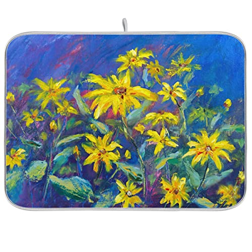 Absorbent Dish Drying Mat for Kitchen Counter - Oil Painting Flowers Microfiber Drying Pad, Reversible Drainer Mats for Countertop, Small 16" x 18" - color: Oil painting flowers 40, size: 16x18(in)x1