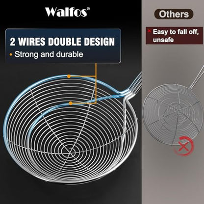 Walfos 7 inch Extra Large Spider Strainer - Stainless Steel Fryer Scoop & 4 in Skimmer Spoon, Set of 2 - Kitchen Spider Skimmer Strainer With Handle, For Cooking, Frying, Pasta, Egg, Foam - size: 2 pcs (7" Strainer , 4" Skimmer)