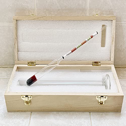 Wine Beer Alcohol Hydrometer Triple Scale Wine Meter with Glass Test Jar for Home Brewing Beer Wine Mead & Kombucha Maker for ABV, Brix and Gravity Test Kit with Wood Storage Box