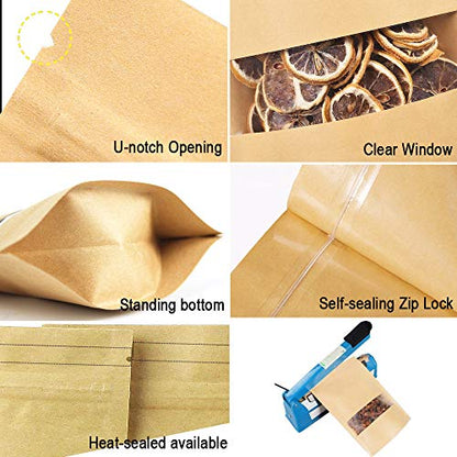 100 Pcs Resealable Stand Up kraft Paper Bags with Window for Packaging Products, Reusable Zip Lock Food Storage Pouch Bags (5.5" x 8.6") - size: 5.5" x 8.6"