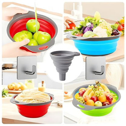 UVB Collapsible Colander Set, Space-Saving Foldable Kitchen Strainer for Pasta, Vegetables & Fruit, Colander for Kitchen with 2 Stainless Steel Hooks & 1 Silicone Funnel – Red - color: Red