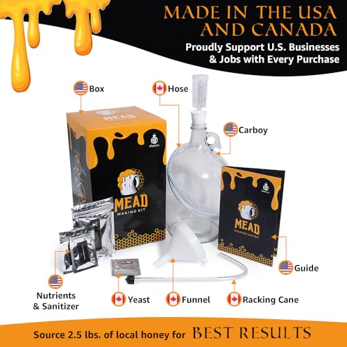 Honey Mead Making Kit with Yeast and Starter Home Brew Accessories, Reusable, Step-by-Step Brewing Process, 1 Gallon, Made in the USA