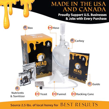 Honey Mead Making Kit with Yeast and Starter Home Brew Accessories, Reusable, Step-by-Step Brewing Process, 1 Gallon, Made in the USA
