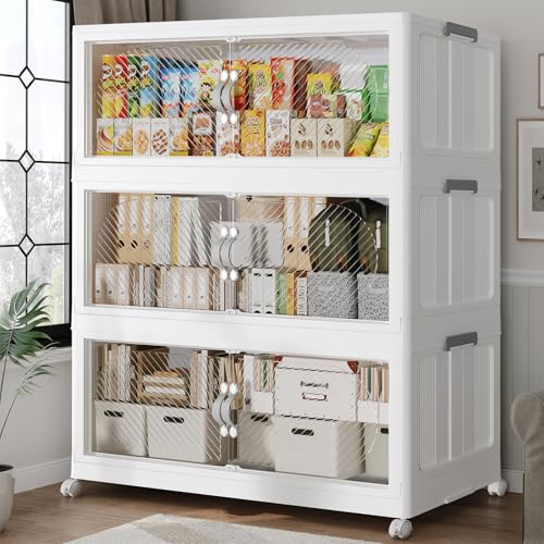 40Gal/120QT 3-Tiers Extra Large Stackable Storage Bins with Lid, Collapsible Cabinet Closet Organizer Plastic Container Box with Wheels Doors Drawers for Office Dorm Kitchen, White - color: White, size: 40Gal-3Pack