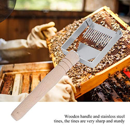 Honey Uncapping Fork, Stainless Steel Honeycomb Honey Scraper with Wooden Handle, Beekeeping Equipment Tool