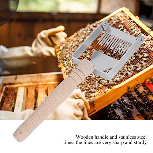 Gavigain Beekeeping Tine,Honey Stainless Steel Scraper Beekeeping Tine Uncapping Fork Hives Wooden Handle