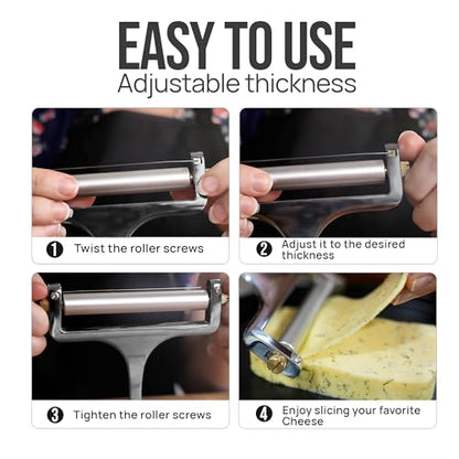 Zulay Kitchen Stainless Steel Wire Cheese Slicer - Adjustable Hand Held Cheese Cutter with 2 Extra Wires - Premium Cheese Shaver For Mozzarella, Cheddar, Gruyere - Cheese Cutter with Wire (Gunmetal) - color: Gunmetal