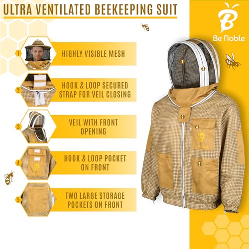 3 Layer Beekeeping Ultralight Ventilated Jacket with Two Veils. Fully Protective Metal Zipper Jacket with Round Veil and Fencing Veil. (Khaki, XL)