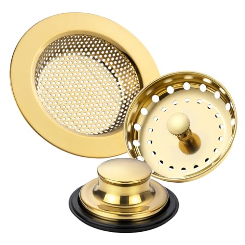 RQYEKDO 3-Pack Kitchen Sink Drain Strainer Stopper Set, Universal Anti-Clogging Stainless Steel Garbage Disposal Plug with Handle, Perforated Basket Filter Sieve for Standard 3.5" Drains (Gold) - color: Gold