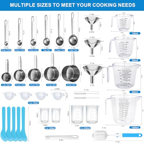 Measuring Cups and Spoons Set 35 Pcs, 11 Stainless Steel Nesting Measuring Spoons and Cups with 12 Measuring Cups, 3 Funnel, 3 Brush, 5 Spoons, 1 Ruler, Measuring Cup Set for Kitchen Baking Liquid Dry - color: 35 Piece