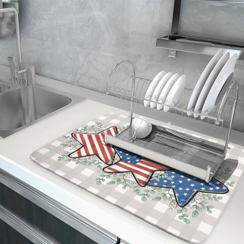 Patriotic Dish Drying Mat for Kitchen Counter Cute Stars 4th of July Holiday Absorbent Reversible Microfiber Kitchen Countertop Protector Dishes Pad Large 18x24 inch - size: 18" x 18"