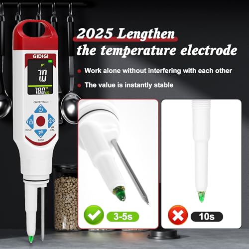 Food pH Meter with ATC, Spear Probe for Sourdough & Meat | Extended temperature electrode, color display, with calibration kit, for sourdough, kombucha, canning, sauce, cosmetic - color: Red Food pH Meter