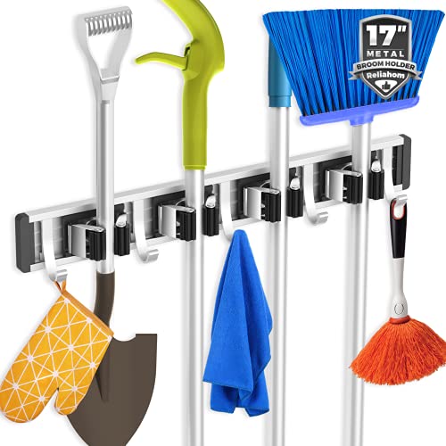 reliahom Broom Holder Wall Mount Mop Hanger Tools organizer 4Racks 5Hooks | Adjustable Mop Broom Wall Hanging Heavy duty Tools Storage Rack Space-saving for Garage,Kitchen,Laundry Room,Garden, Black - color: Black, size: 1 Pack 4R5H