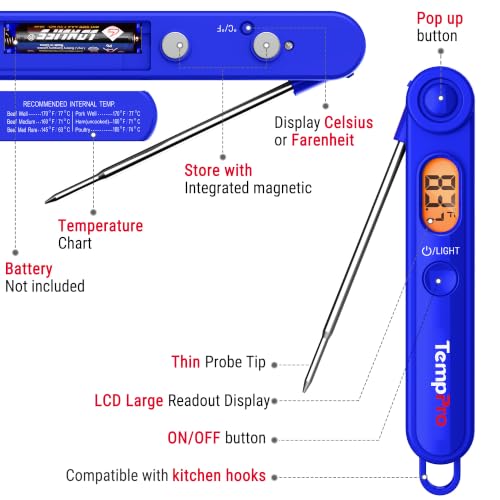 TempPro TP03B Digital Meat Thermometer for Cooking, Instant Read Thermometer with Backlight, Kitchen Food Thermometer for Grill Smoker BBQ Oil Deep Fry Candy Bread Coffee (Previously ThermoPro) - color: Blue