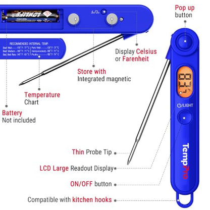 TempPro TP03B Digital Meat Thermometer for Cooking, Instant Read Thermometer with Backlight, Kitchen Food Thermometer for Grill Smoker BBQ Oil Deep Fry Candy Bread Coffee (Previously ThermoPro) - color: Blue