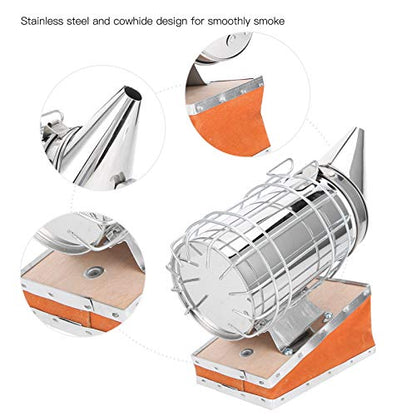 CDQL Stainless Steel Beekeeping Smoker, Large Pro Bee Smoker with Red Cowhide Smoke Storage Part, Mounting Hook, Easy to Carry and Store, Beekeeping Equipment for Beekeeper