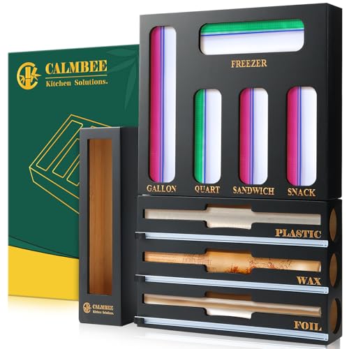 Calmbee 9 in 1 Bamboo Storage Bag Organizer for Kitchen Drawer – Plastic Wrap Dispenser with Cutter & Foil Organizer, Wooden Baggie Organizer for Sandwich, Snack, Gallon, Quart Sizes, Black - color: Black