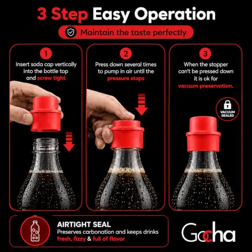 GOCHA 2 PCS Vacuum Soda Bottle Stoppers, Silicone Fizz Keeper Caps, Carbonation Preserver for Soda, Sparkling Water, Soft Drinks & Beer Bottles, Reusable Leak Proof Bottle Sealer | (Red) - color: Red