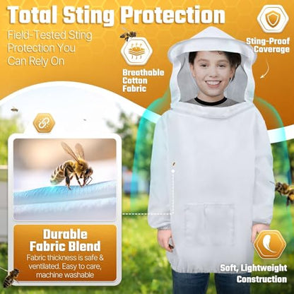 Flexzion Kids Beekeeping Suit Jacket with Veil Hood - Lightweight Sting-Resistant Bee Suit for Kids Adults, Youth Pullover Bee Smock, Elastic Waist & Cuffs, White, Kid Large - size: Kids Large