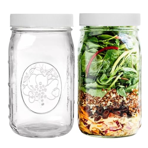 Wide Mouth Mason Jars 32 oz – 2 Pack Quart Size Jars with Airtight Lids and Bands & White Plastic Lid, Ideal for Meal Prep, Canning, Fermenting and DIY Projects, Microwave & Dishwasher Safe. - color: Quart, size: 32 Ounce (Pack of 2)