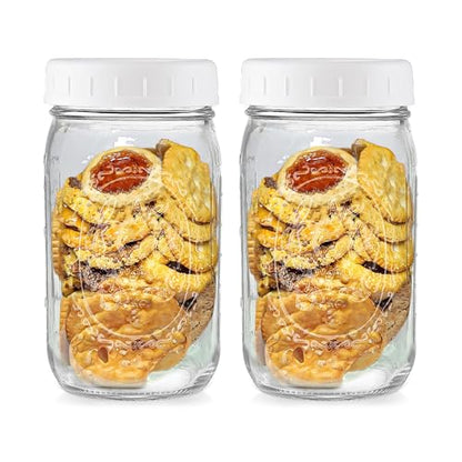 Wide Mouth Mason Jars 32 oz - (2 Pack) - Wide Mouth 32-Ounces Quart Mason Jars with White M.E.M Food Storage Plastic Lids - For Storage, Canning, Freezing, Leak Proof, Microwave & Diswasher Safe