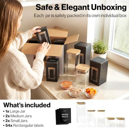 EDELHAUS Glass Storage Containers with Bamboo Lids and Labels - Set of 5 | Extra Thick Square Glass Canisters with Bamboo Wood Lids and 54 Pre-printed Pantry Labels keeps dry Goods Fresh and Organized - color: Black Labels - Bamboo Lids - 5 Pack